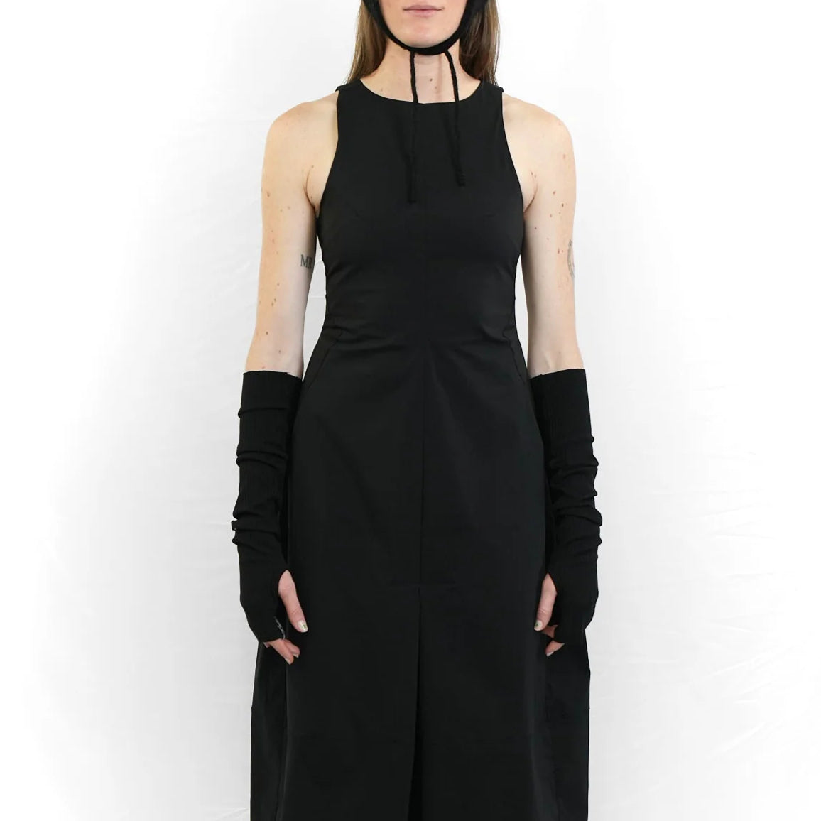 Black sleeveless flared dress