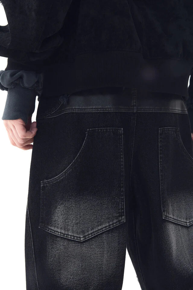 Wide Heavy Washing With Leather Pants