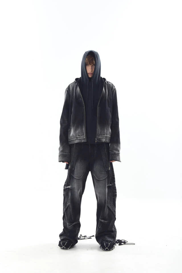 Bleached Denim Hoodie Zip-Up Jacket