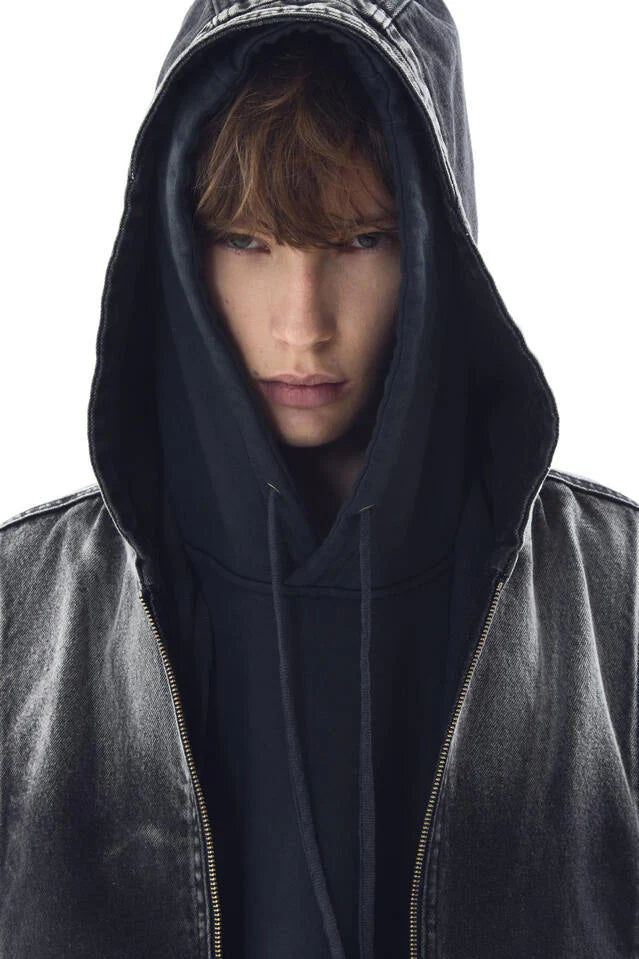 Bleached Denim Hoodie Zip-Up Jacket