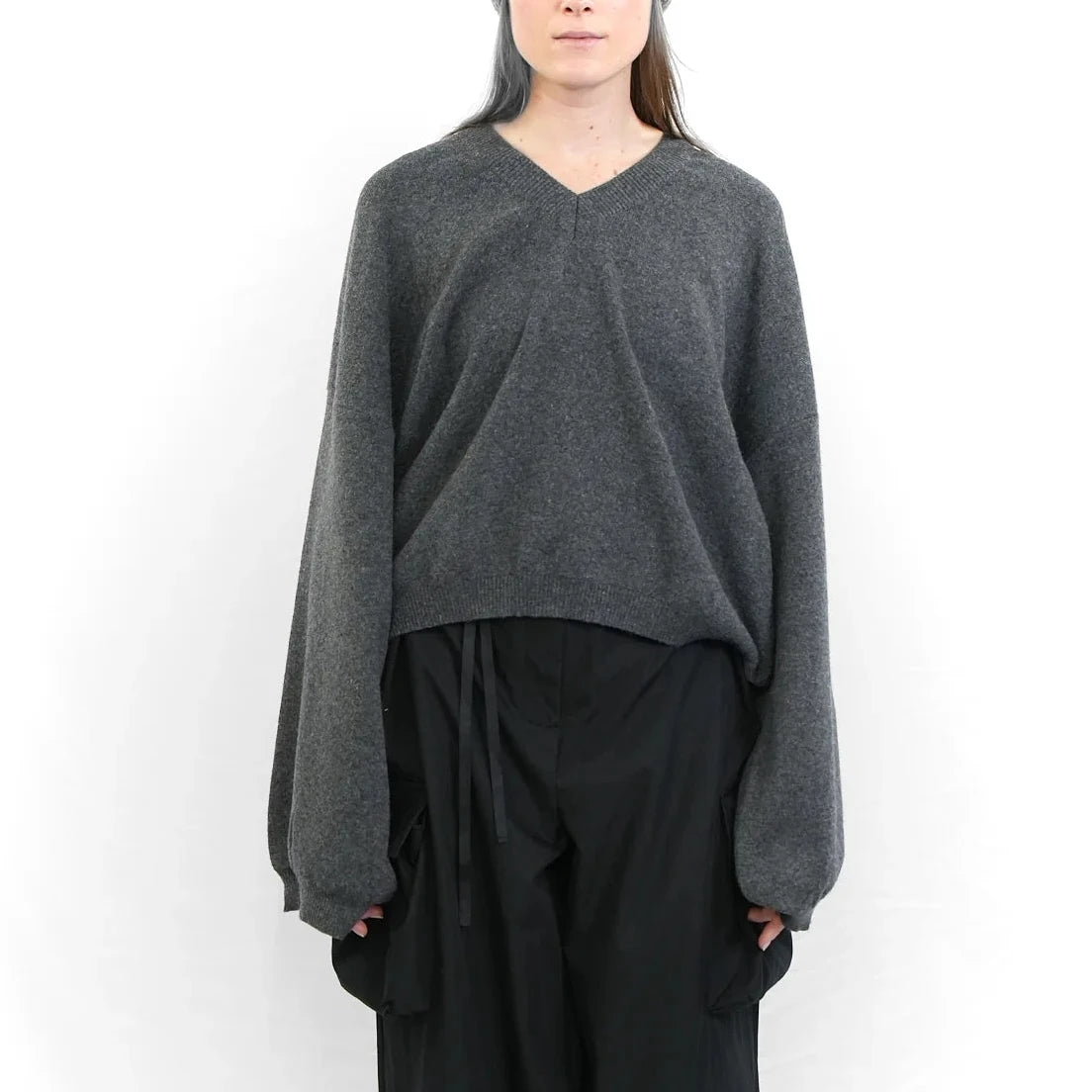 Charcoal grey oversized v-neck knit sweater