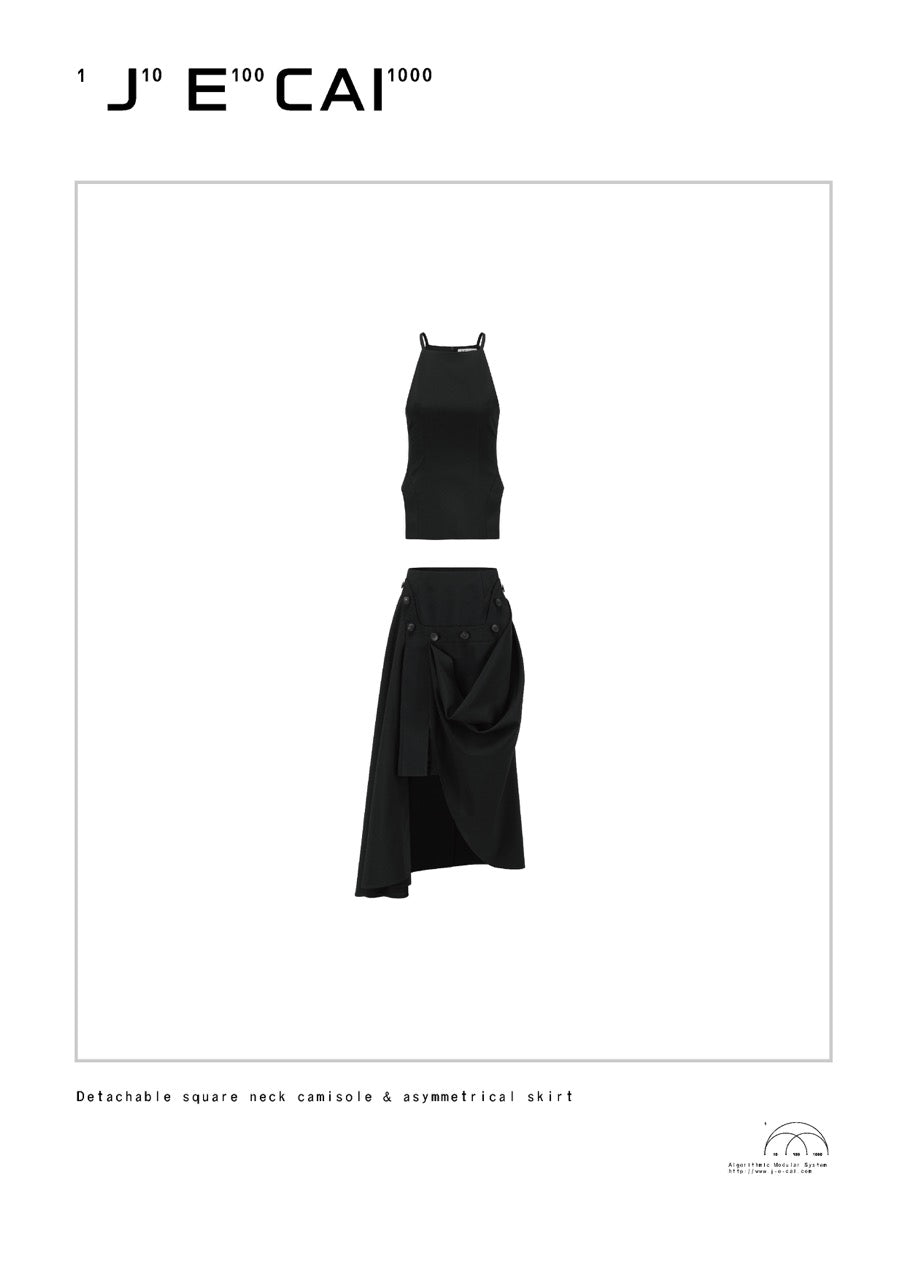 Detachable high square neck camisole asymmetric draped maxi dress set