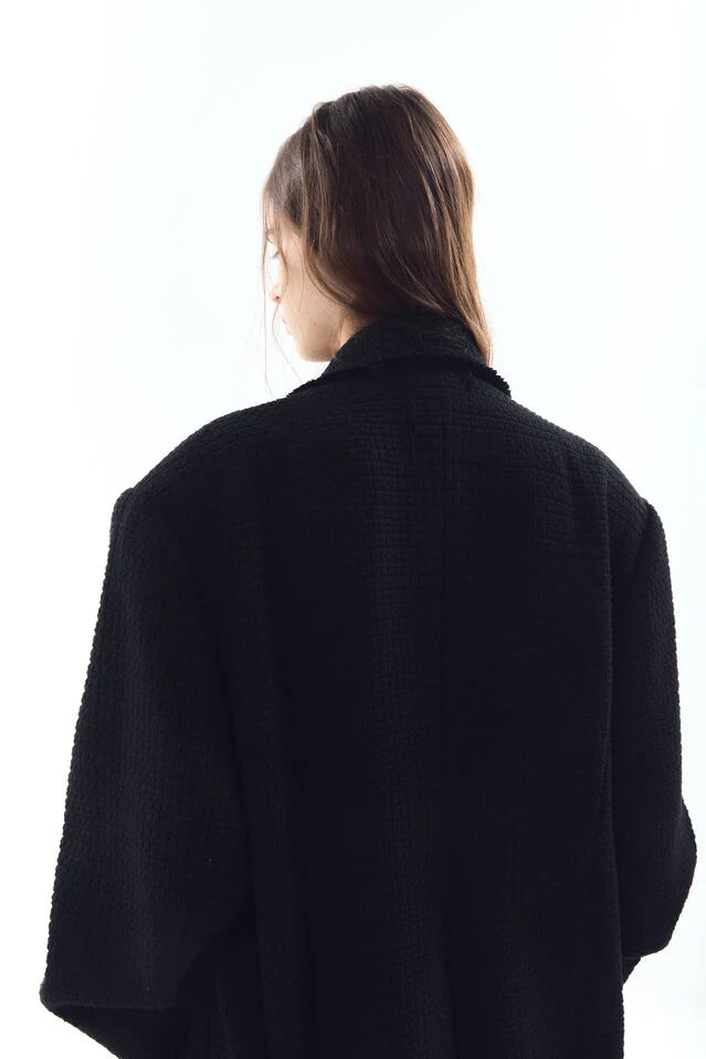 Embossed Raw-Edge Long Double Coat