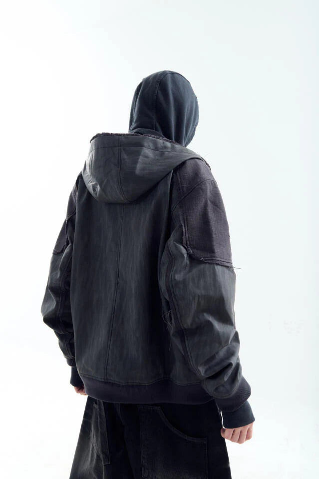 Destroyed Leather And Linen Hoodie Zip-Up Jacket