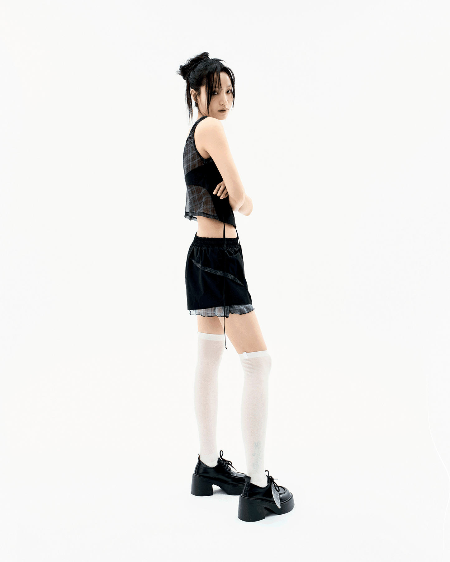 Halter Strap Plaid Sleeveless Black