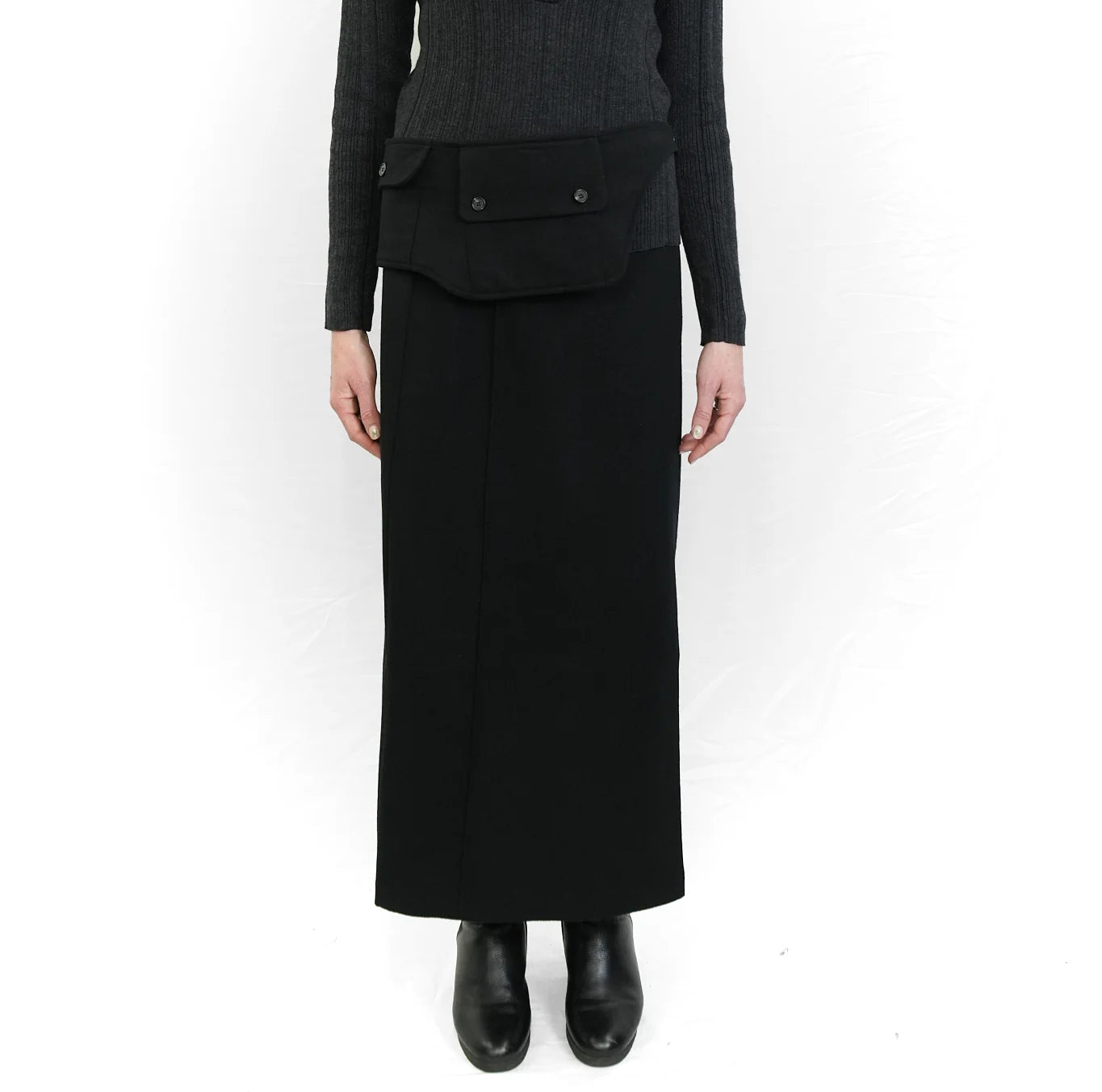 Black wool straight skirt with belt-bag