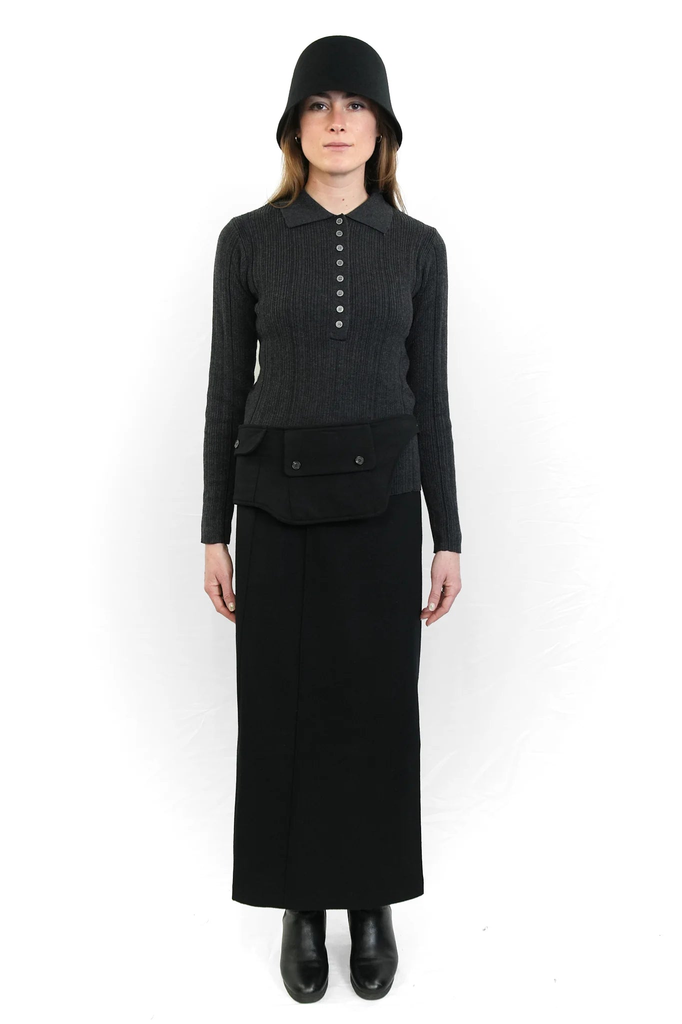 Black wool straight skirt with belt-bag
