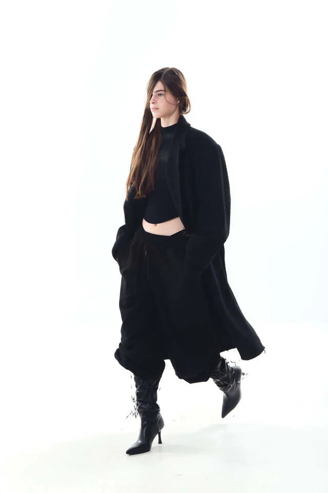 Embossed Raw-Edge Long Double Coat