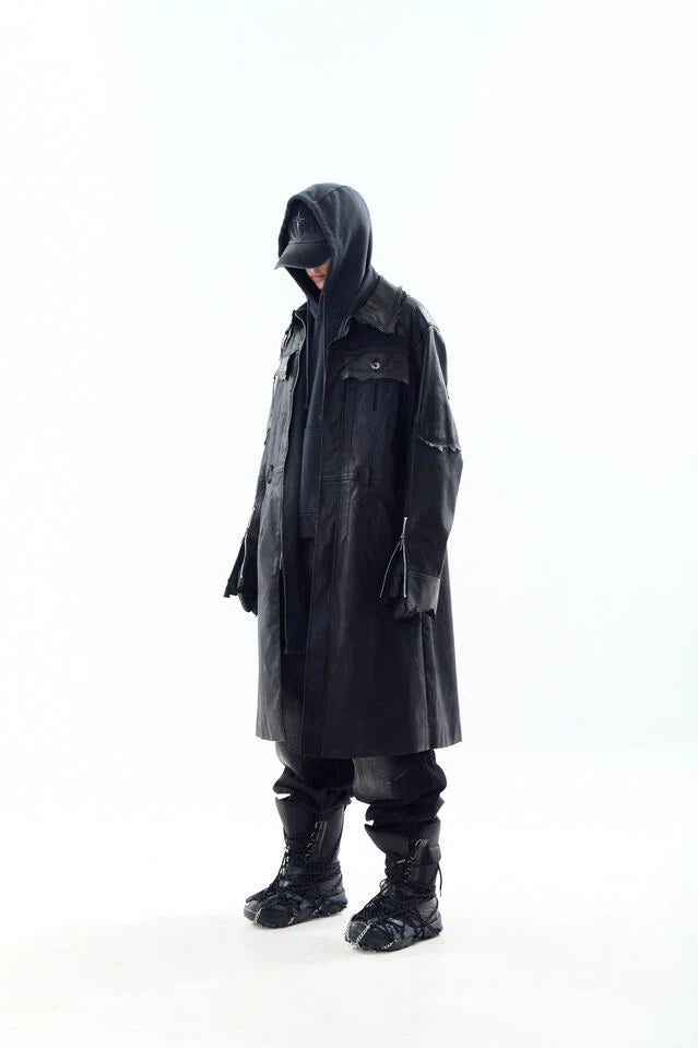 Lambskin Coated  Denim Mixed Long Coat