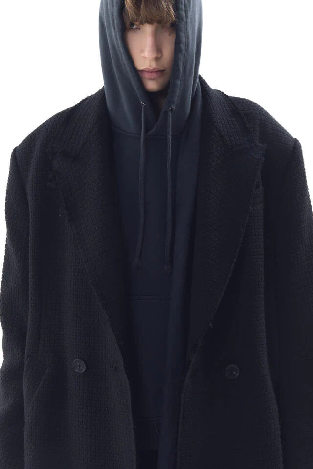 Embossed Raw-Edge Long Double Coat