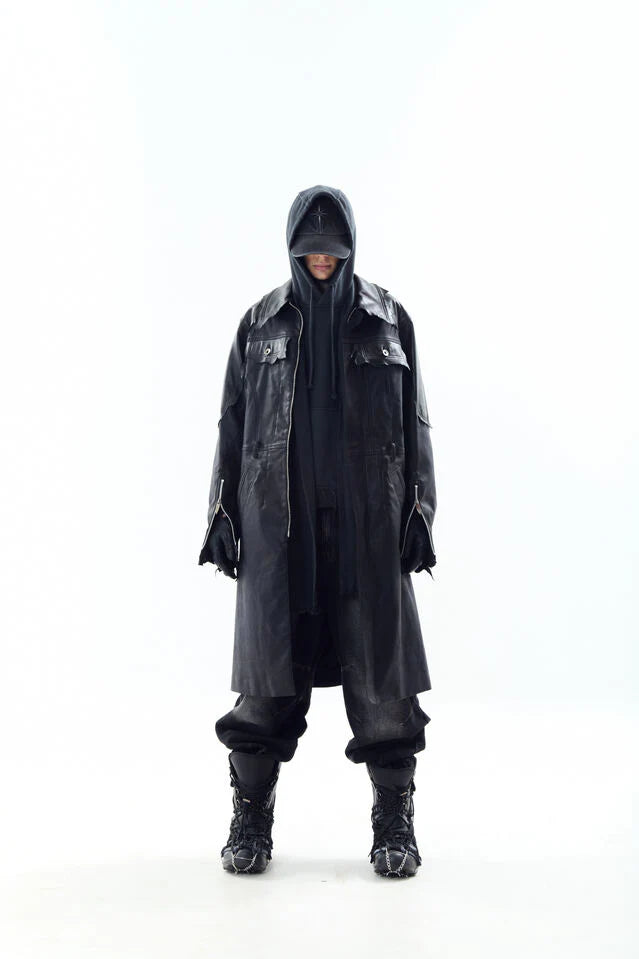 Lambskin Coated  Denim Mixed Long Coat