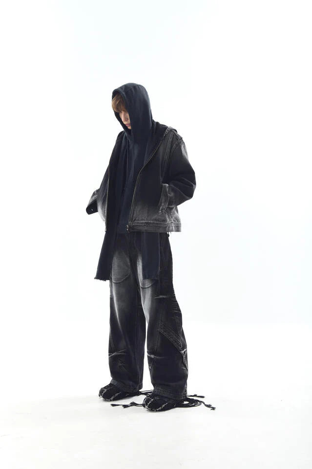 Bleached Denim Hoodie Zip-Up Jacket