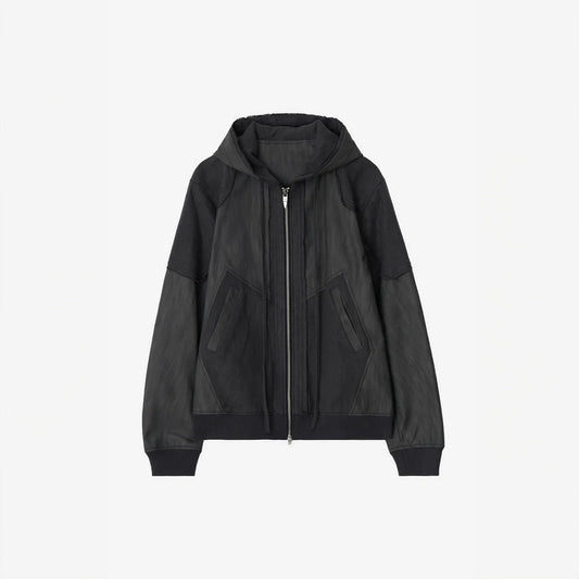Destroyed Leather And Linen Hoodie Zip-Up Jacket