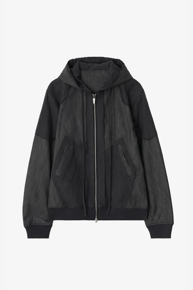 Destroyed Leather And Linen Hoodie Zip-Up Jacket