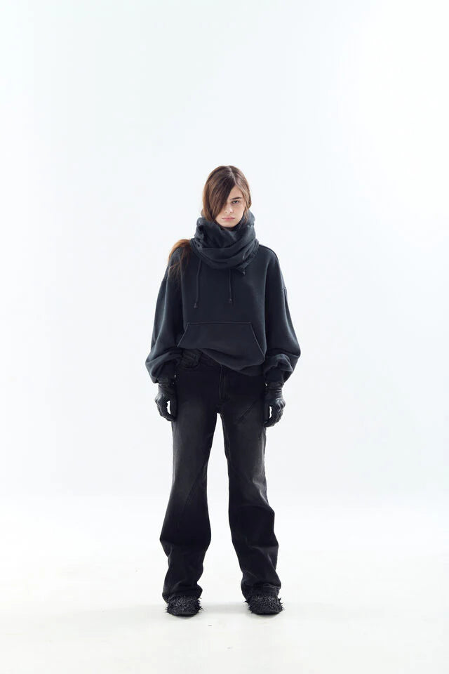 Dyed Raw-Edged Hoodie With Linen  Muffler Black