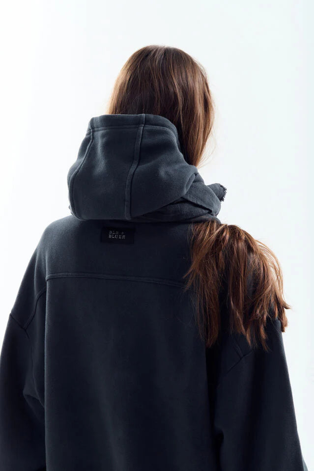 Dyed Raw-Edged Hoodie With Linen  Muffler Black