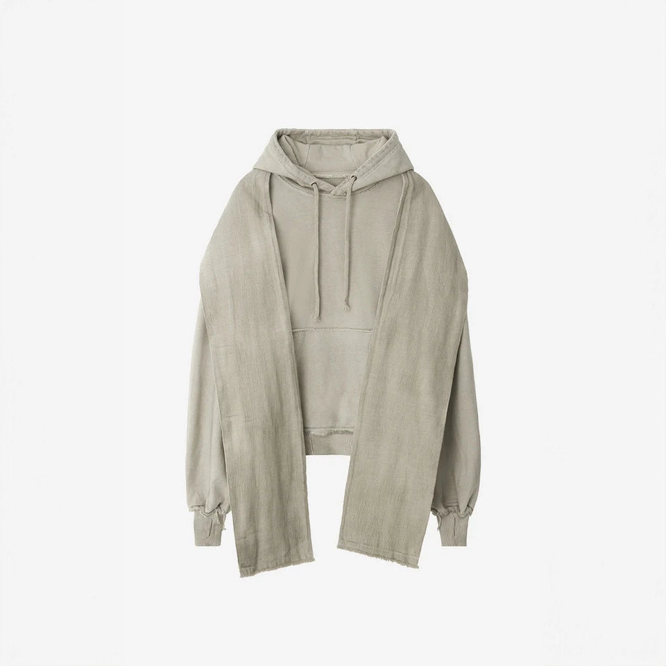 Dyed Raw-Edged Hoodie With Linen  Muffler Ivory