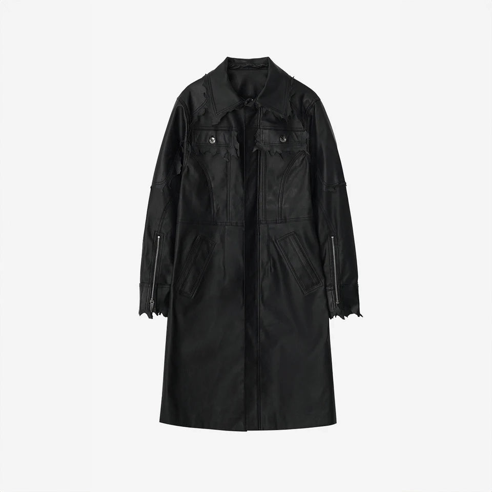 Lambskin Coated  Denim Mixed Long Coat