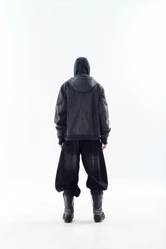 Destroyed Leather And Linen Hoodie Zip-Up Jacket