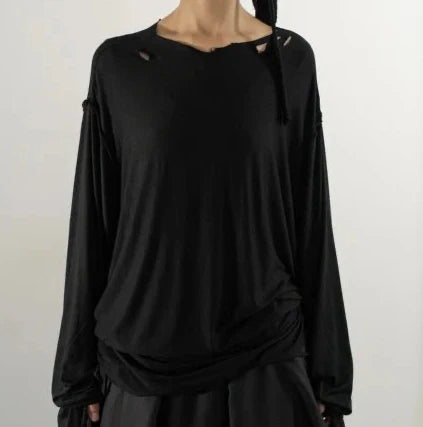 Destroyed pleated long sleeve top black