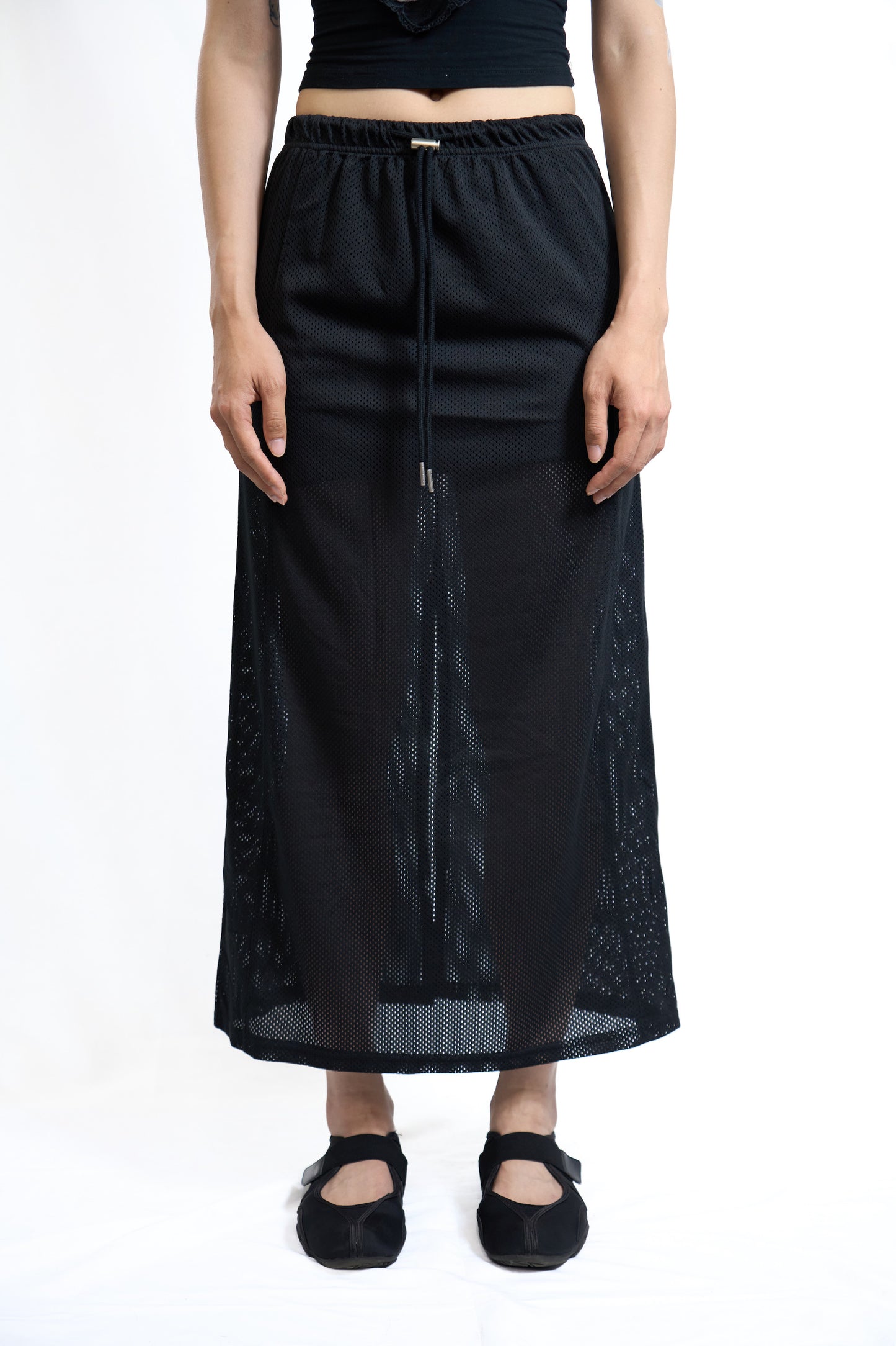 Sporty Mesh Drawstring Skirt Black