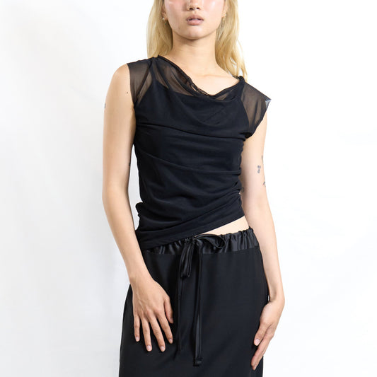 Draped Mesh Sleeveless Top Black