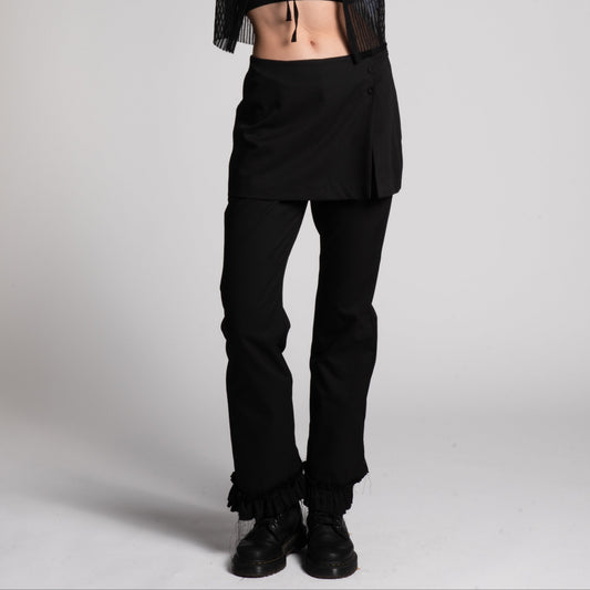 Black mini skirt layered pants frilled