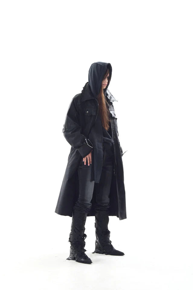 Lambskin Coated  Denim Mixed Long Coat