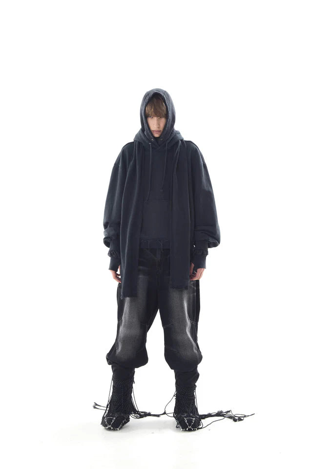 Dyed Raw-Edged Hoodie With Linen  Muffler Black