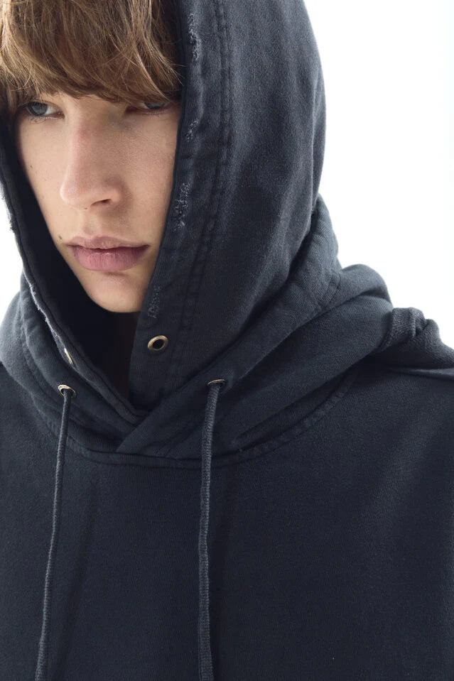 Dyed Raw-Edged Hoodie With Linen  Muffler Black