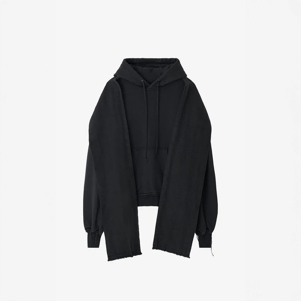 Dyed Raw-Edged Hoodie With Linen  Muffler Black