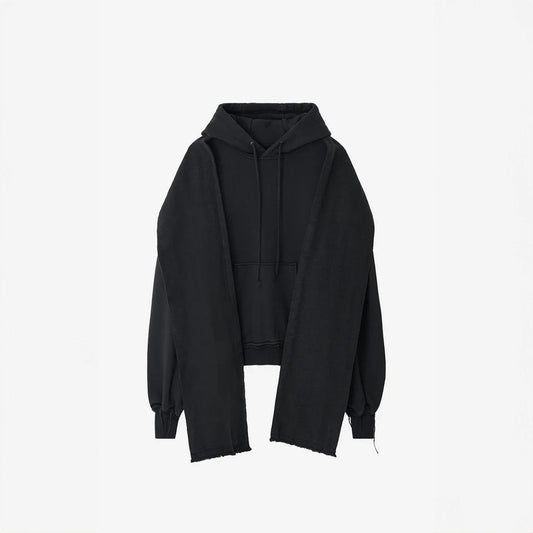 Dyed Raw-Edged Hoodie With Linen  Muffler Black