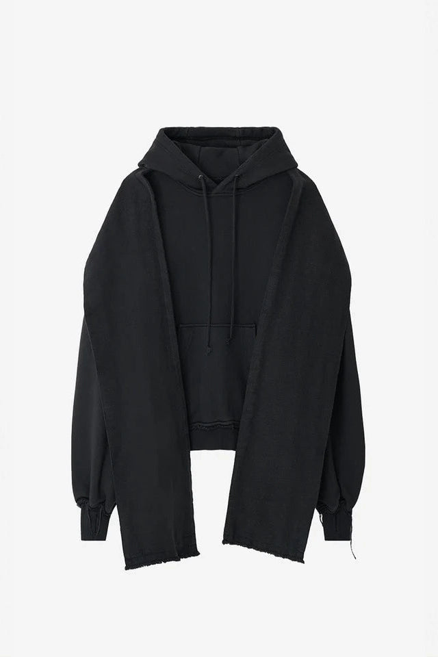 Dyed Raw-Edged Hoodie With Linen  Muffler Black