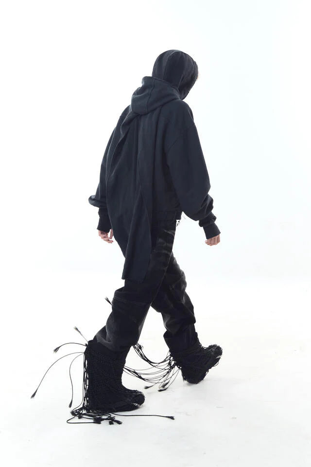 Dyed Raw-Edged Hoodie With Linen  Muffler Black