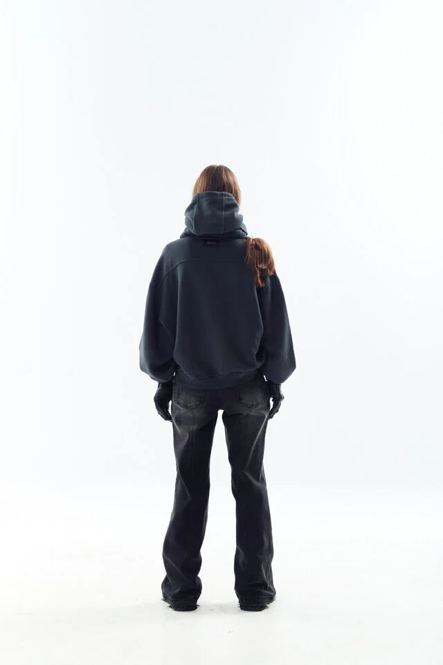 Dyed Raw-Edged Hoodie With Linen  Muffler Black