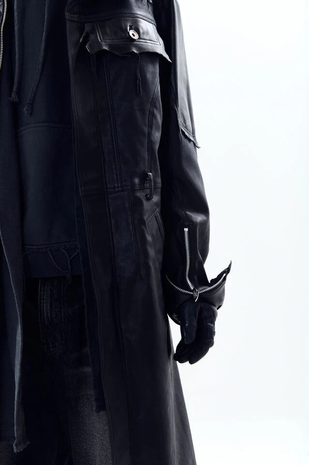 Lambskin Coated  Denim Mixed Long Coat