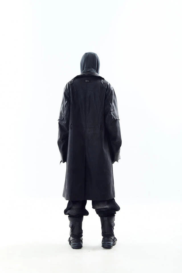 Lambskin Coated  Denim Mixed Long Coat