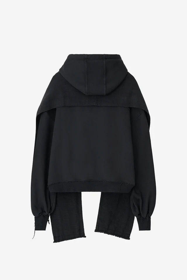 Dyed Raw-Edged Hoodie With Linen  Muffler Black