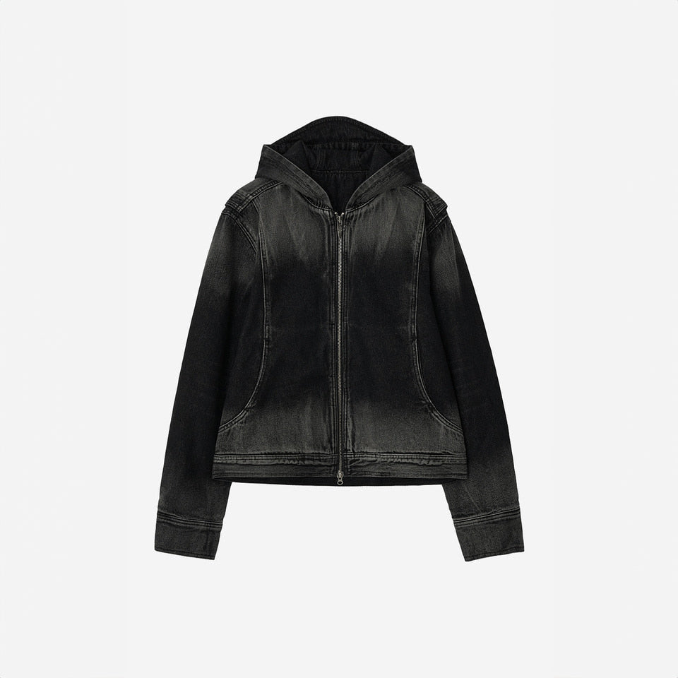Bleached Denim Hoodie Zip-Up Jacket