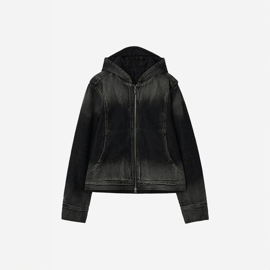 Bleached Denim Hoodie Zip-Up Jacket