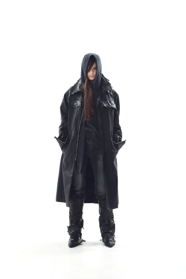 Lambskin Coated  Denim Mixed Long Coat