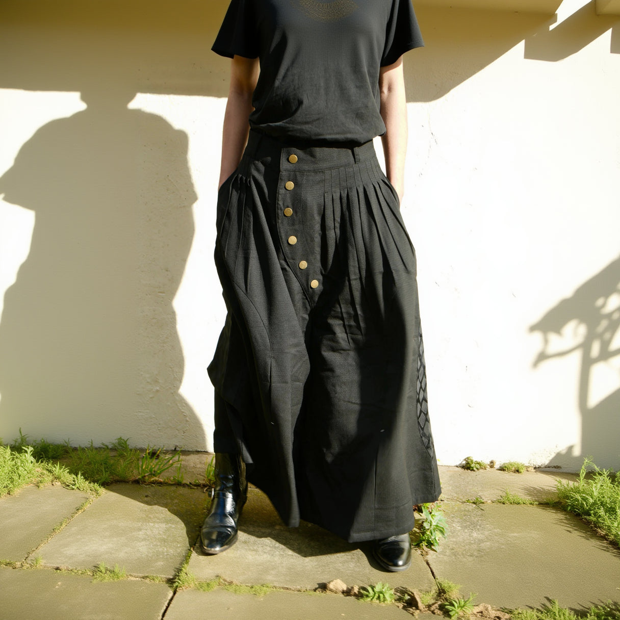 Schimitar-pleated wide wool trousers