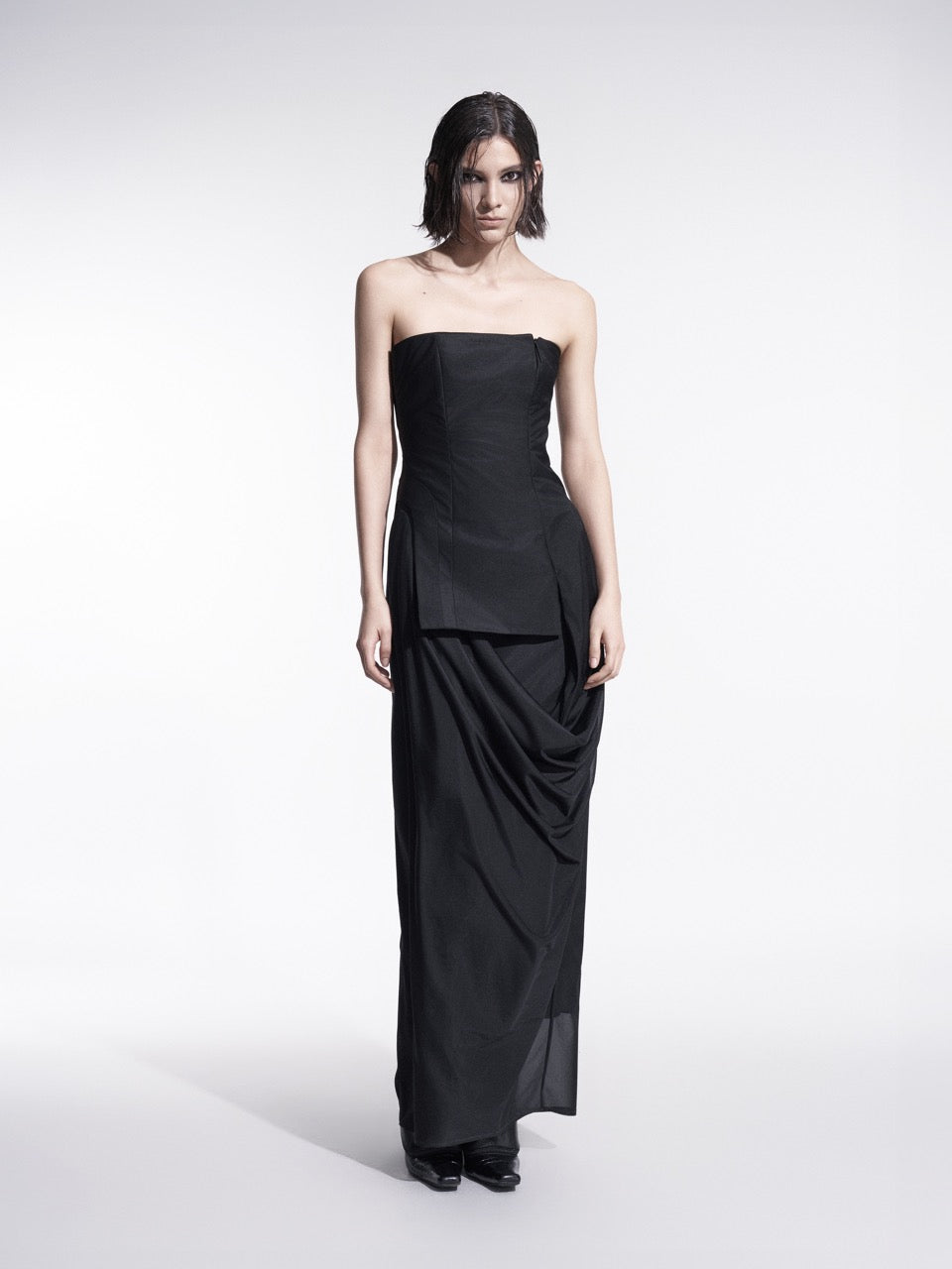 Detachable side-split draped strapless maxi dress