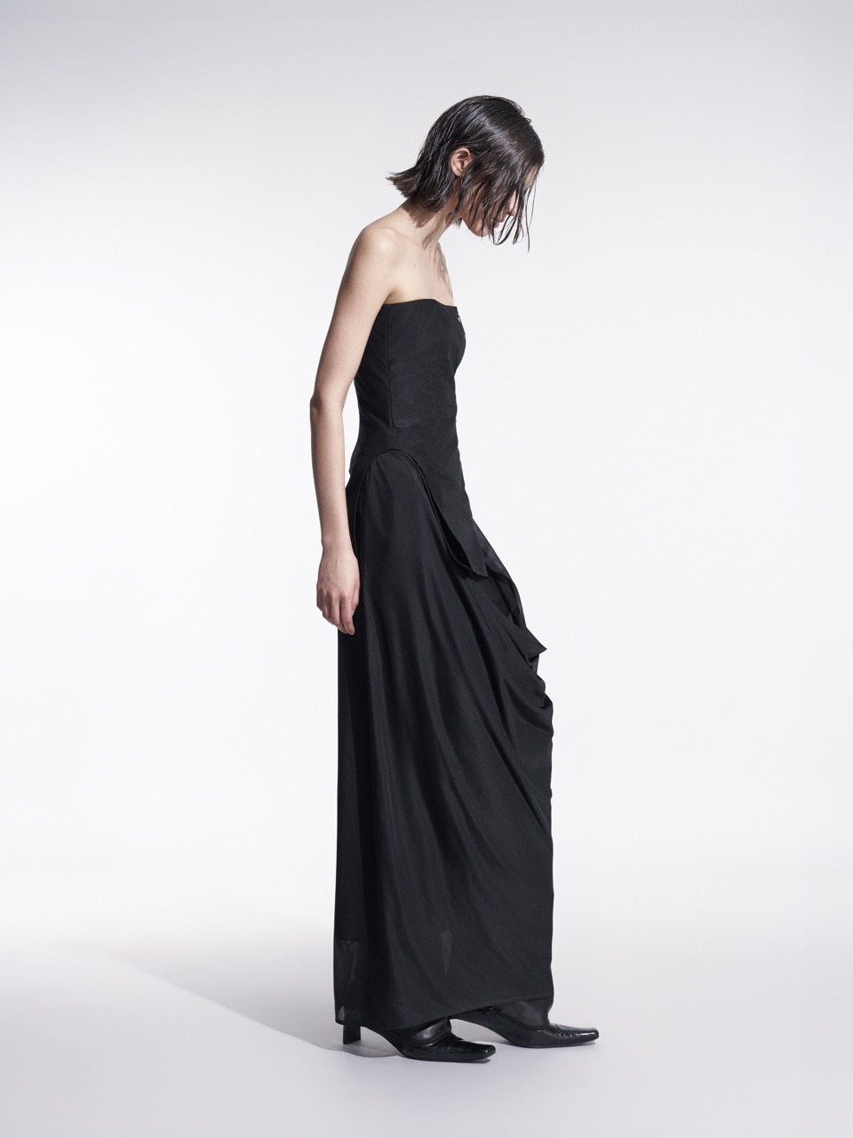 Detachable side-split draped strapless maxi dress