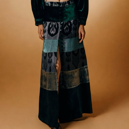 Dark green satin velvet mesh panel high-waist buttoned skirt