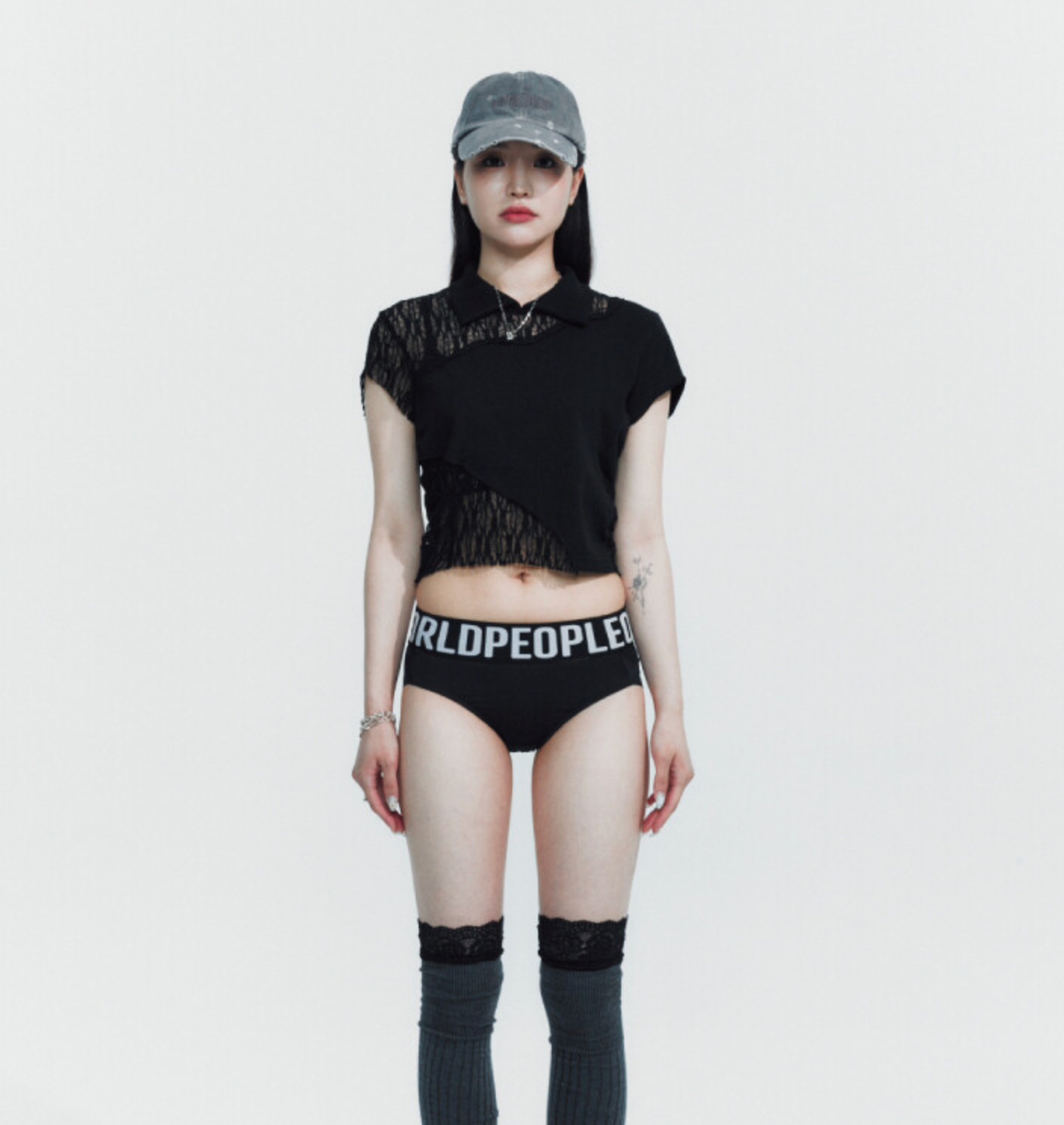 Side shirring cotton lace crop tee