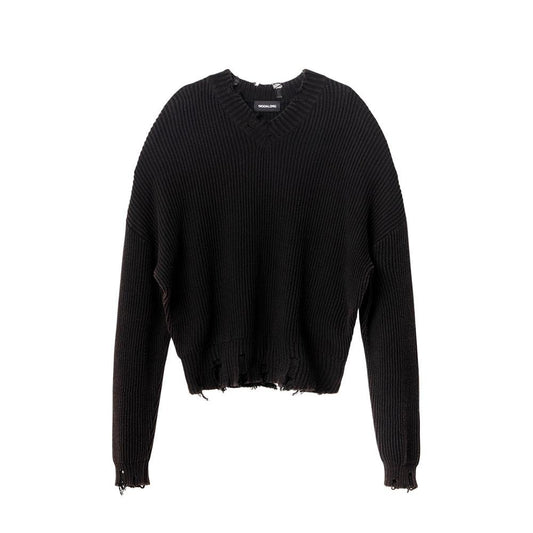 V-neck distressed knit black