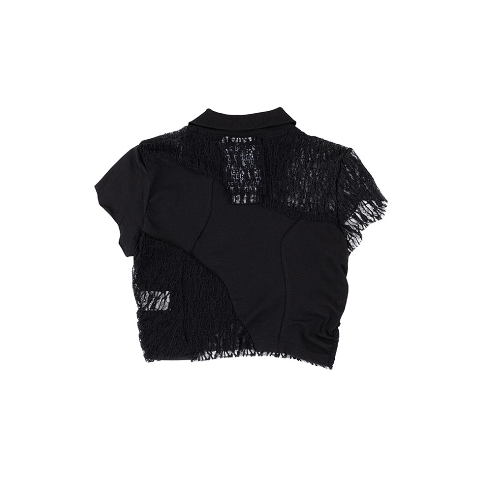 Side shirring cotton lace crop tee