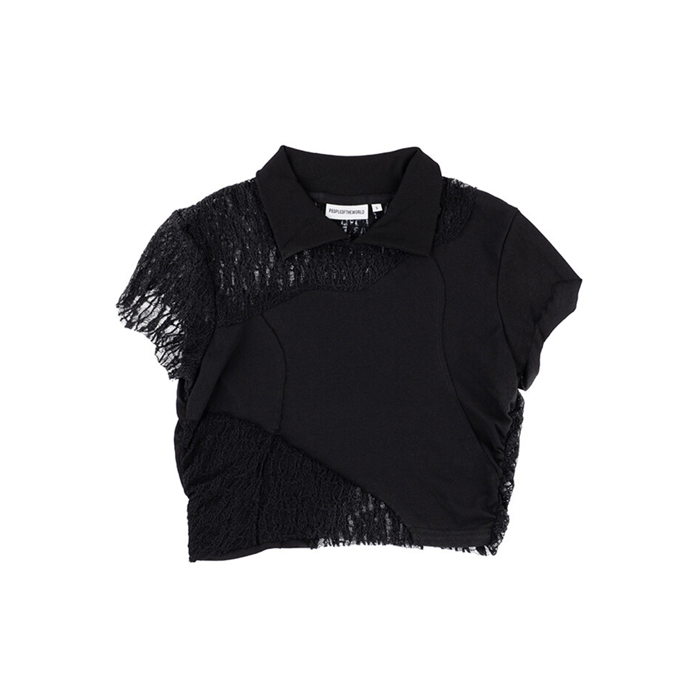 Side shirring cotton lace crop tee