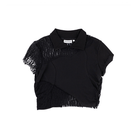 Side shirring cotton lace crop tee